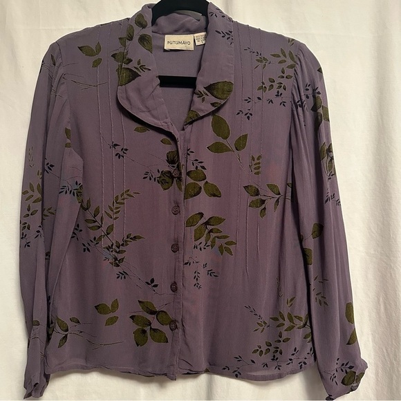 PUTUMAYO SZ S 100% Rayon Made India Purple Green Floral Buttoned Blouse Top - Picture 1 of 11